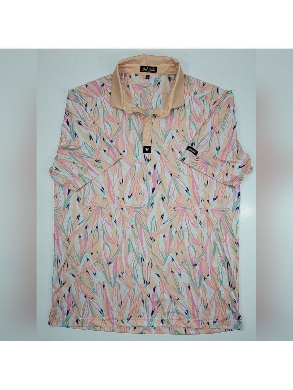 Bad Birdie Polo Shirt Men Large Orange Pink Floral Print AOP Golf Pickle Ball